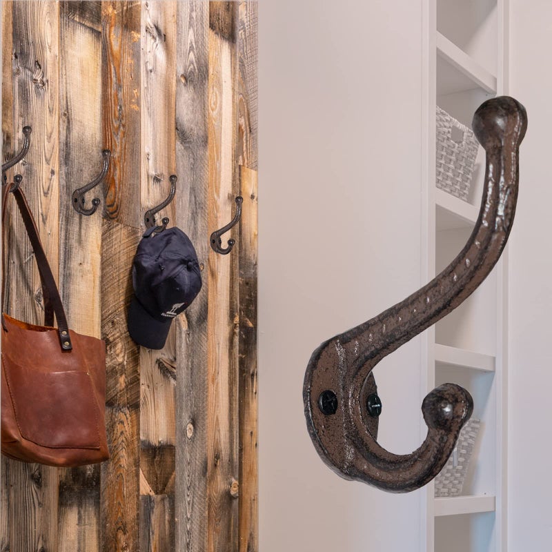 YMAISS Rustic Brown Cast Iron Hooks,Antique Old Shabby Chic Cast Iron Hooks, Wall Mounted(Set of 6) Vintage Inspired Coats, Bags, Hats, Towels,Matching Screws Included - Image 4